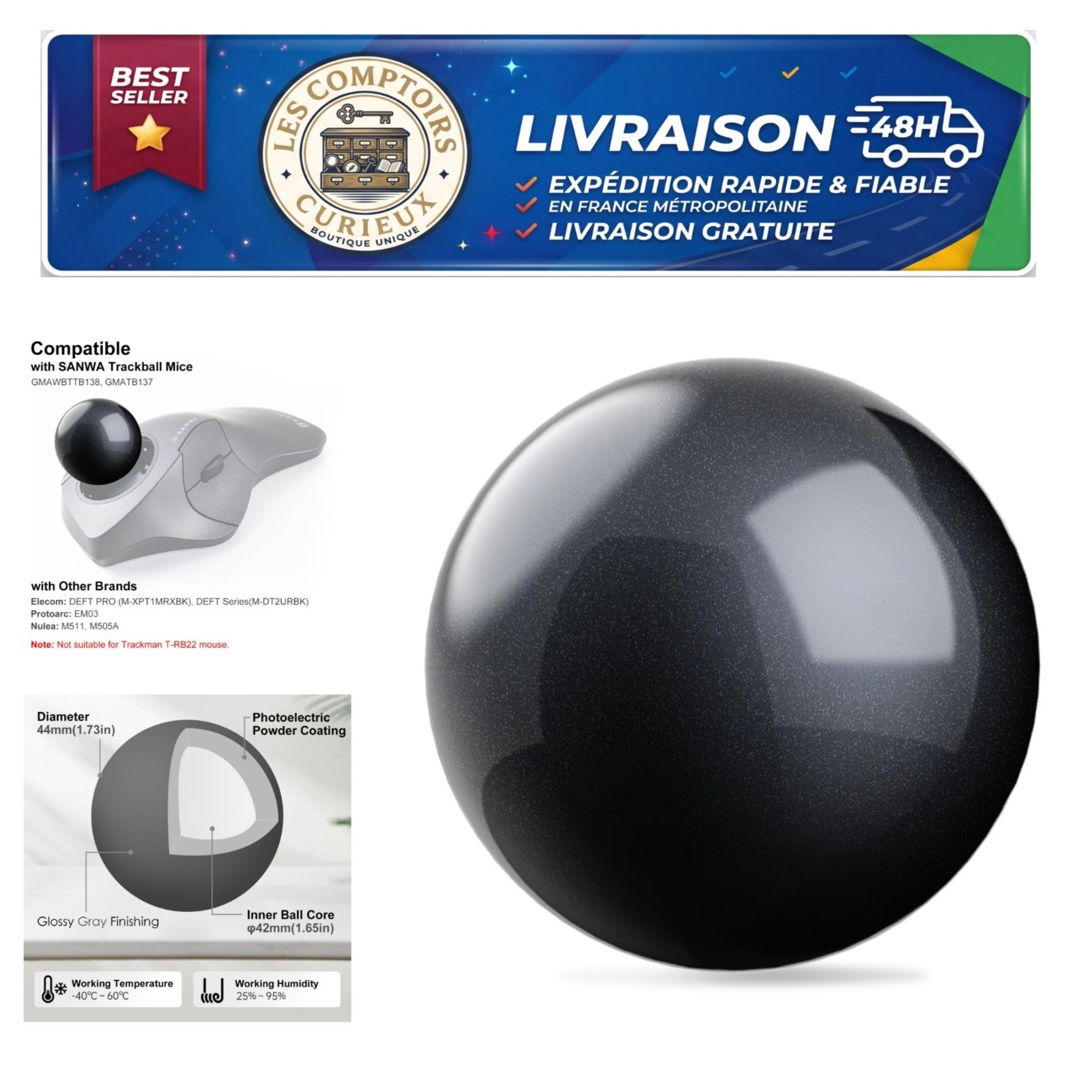 SANWA 44mm Trackball Replacement Ball Glossy Black GMAWBTTB138N GMATB137