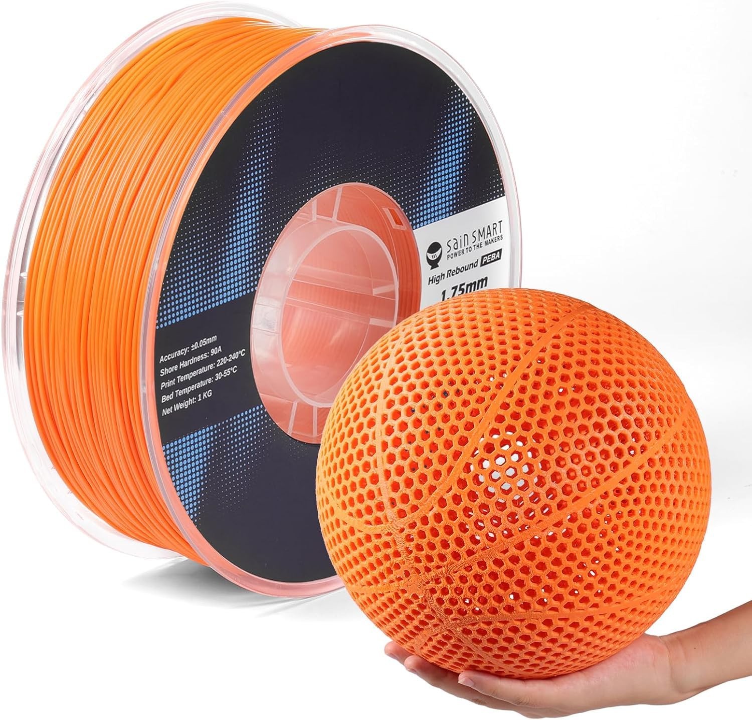 SainSmart PEBA High Rebound 90A Flexible Filament, 1KG (2.2lbs) (Orange)