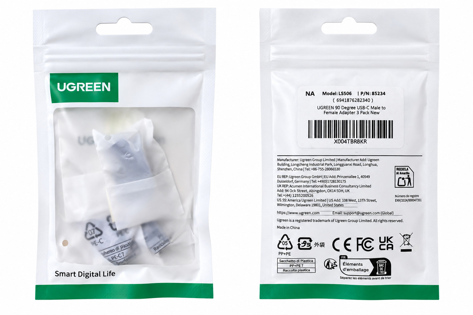 UGREEN 90 Degree USB-C Male to Female Adapter 3 Pack LS506 85234