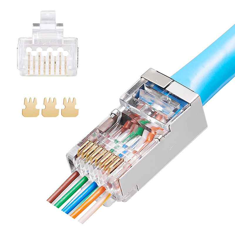 Cat6A RJ45 Connectors Shielded Pass Through Connector Gold Plated 3 Prong 8P8C