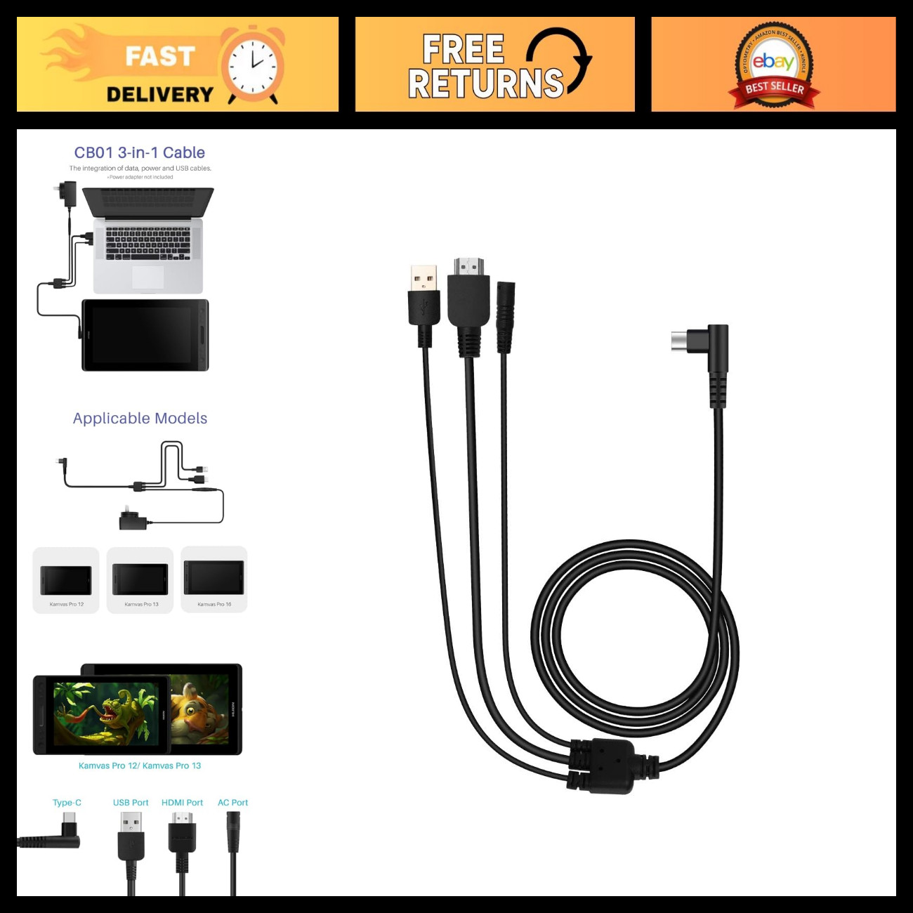 3 in 1 HDMI Cable for Graphics Drawing Tablets - Kamvas Pro 16, 13, 12 Compatibl
