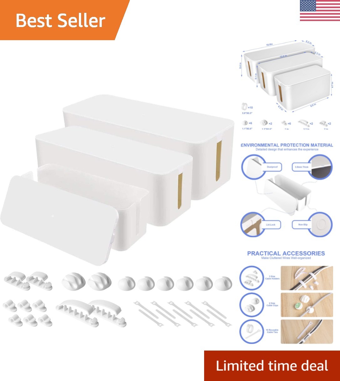 Modern 3 Pack Cable Management Boxes - Under Desk Organizer for Home & Office