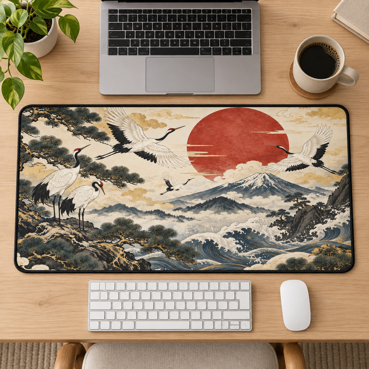 Japanese Crane Desk Mat, Red Sun Mountain Mouse Pad, Ukiyo-e Desk Decor