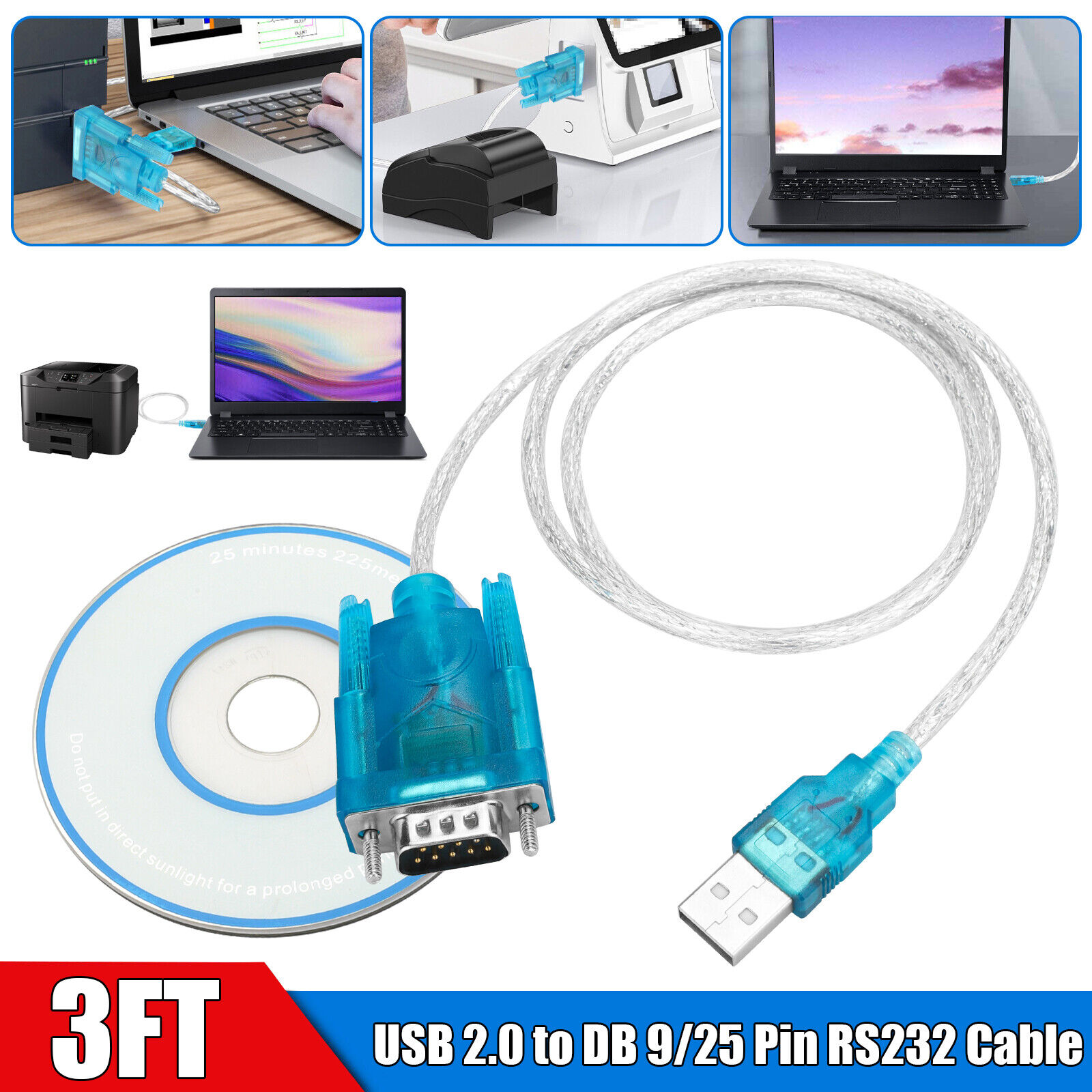 USB 2.0 to Serial DB 9 Pin RS232 Cable + 25 Parallel Adapter Win7/ 8/ 10 & Mac