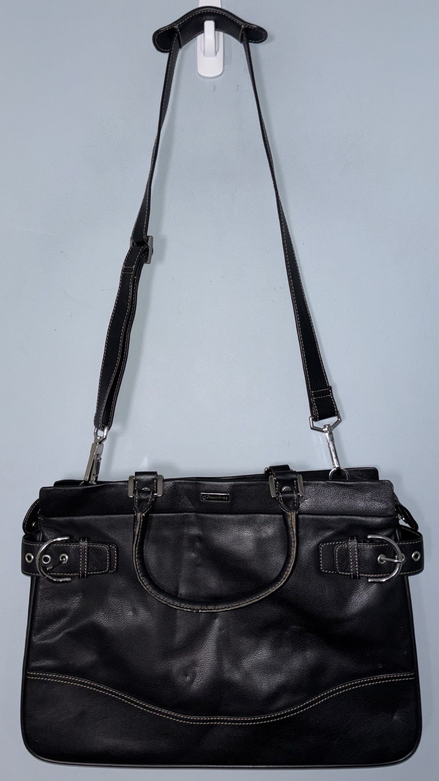 Franklin Covey Black Leather Business Laptop Tote Bag Purple Lining Buckles