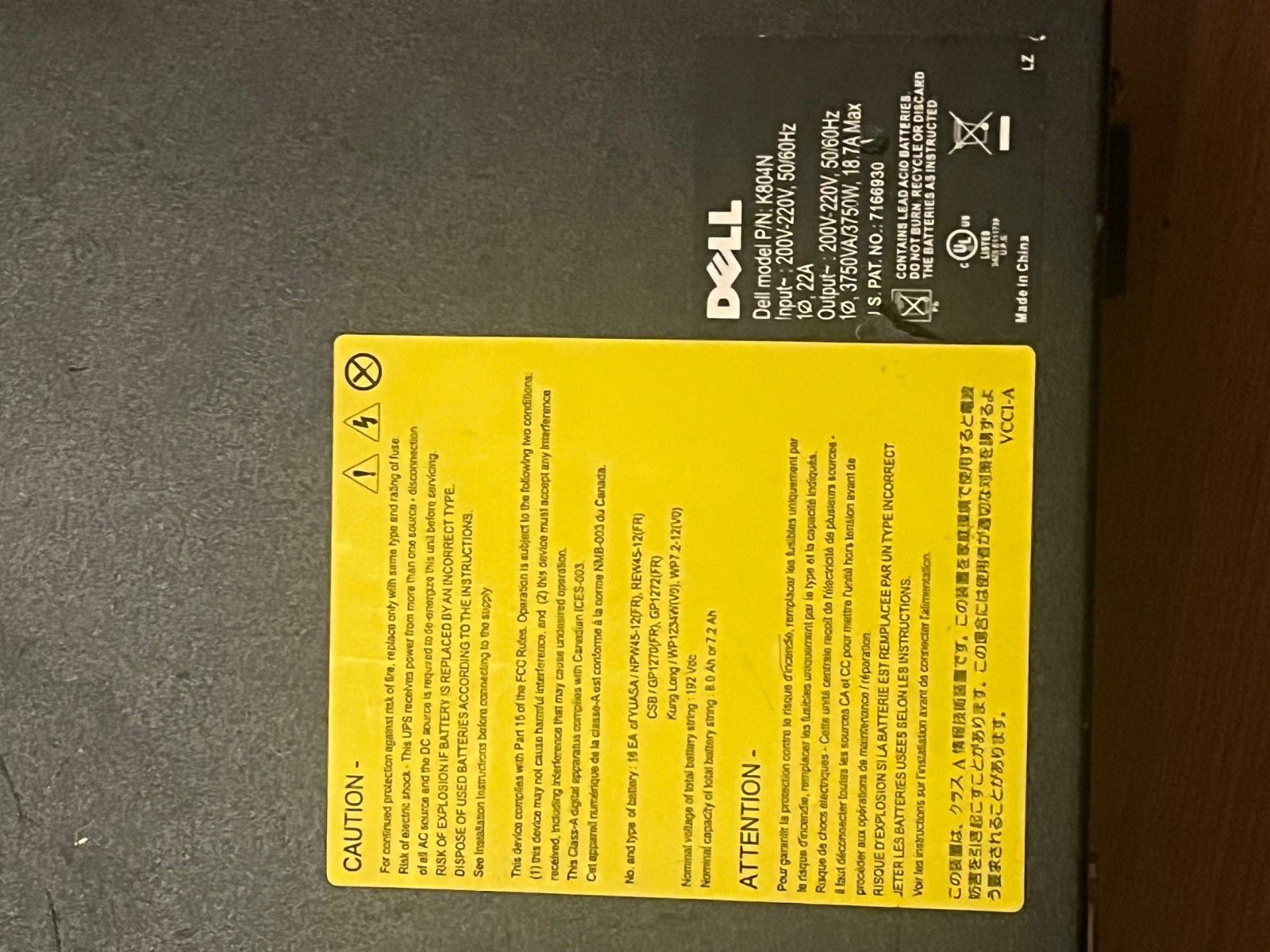 DELL K804N without battery racks sell as parts , was connected to ext. batteries