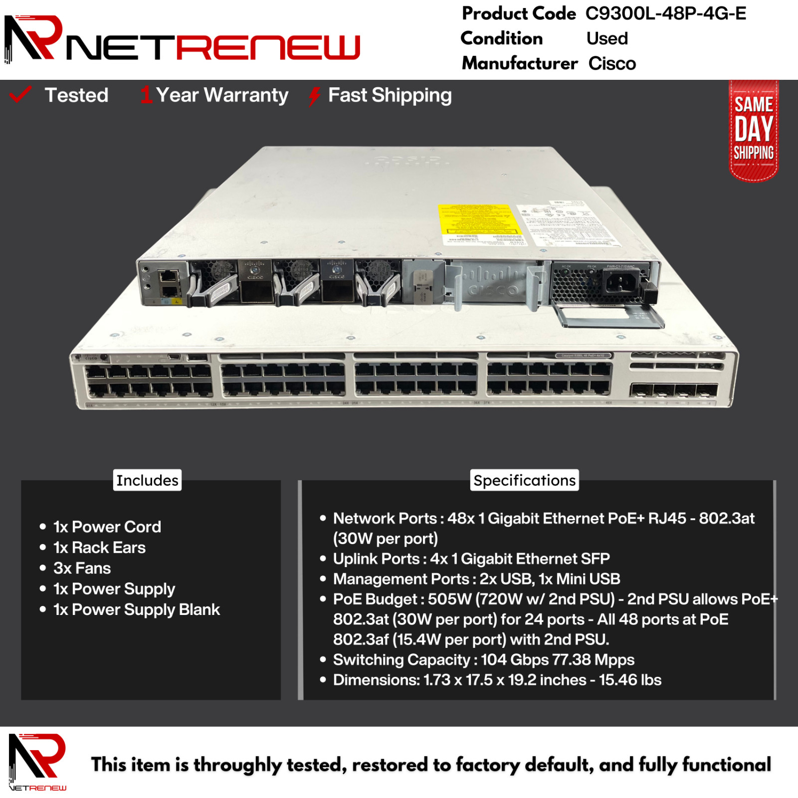 Cisco Catalyst 9300L Series C9300L-48P-4G-E 48port PoE Network Switch