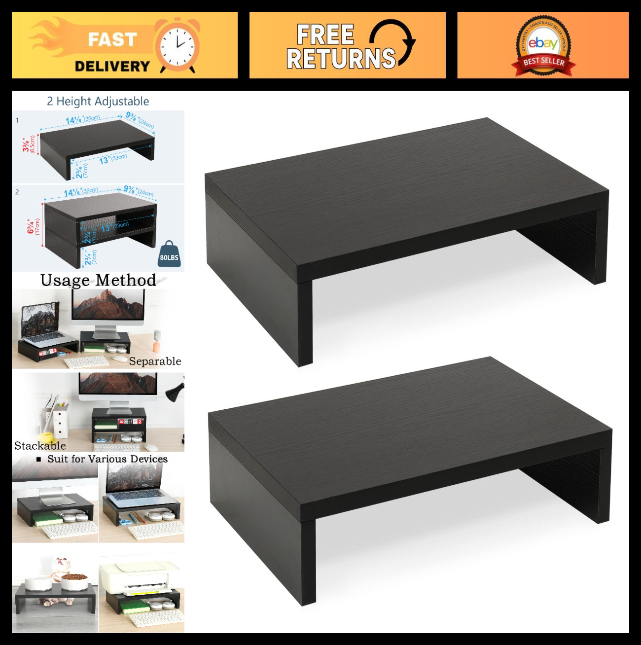 2-Pack Adjustable Wood Monitor Stand Riser for Desk - Dual Monitor Holder, 80 lb