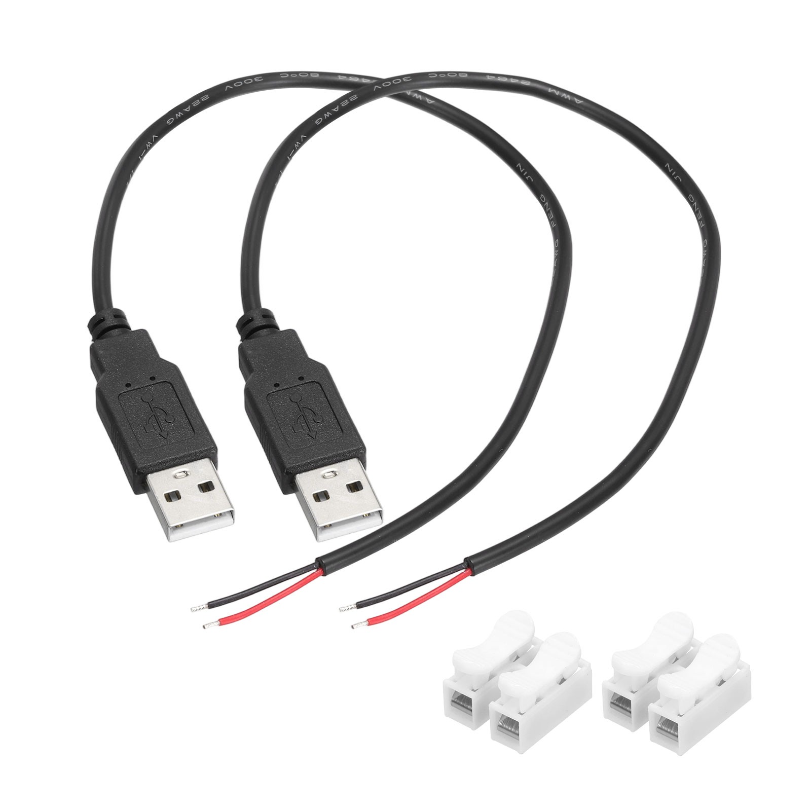 2Pcs USB Plug Pigtail, 0.3 M/1 ft Male 22 AWG 5V 3A with Wire Connector, Black