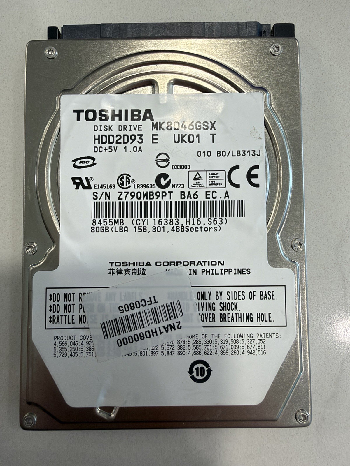 Toshiba 80GB SATA 2.5" MK8046GSX HDD2D93 9.5MM Hard Drive