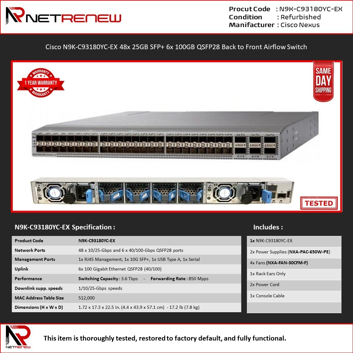 Cisco N9K-C93180YC-EX 48x25GB SFP+ 6x 100GB QSFP28 B-F Airflow Switch