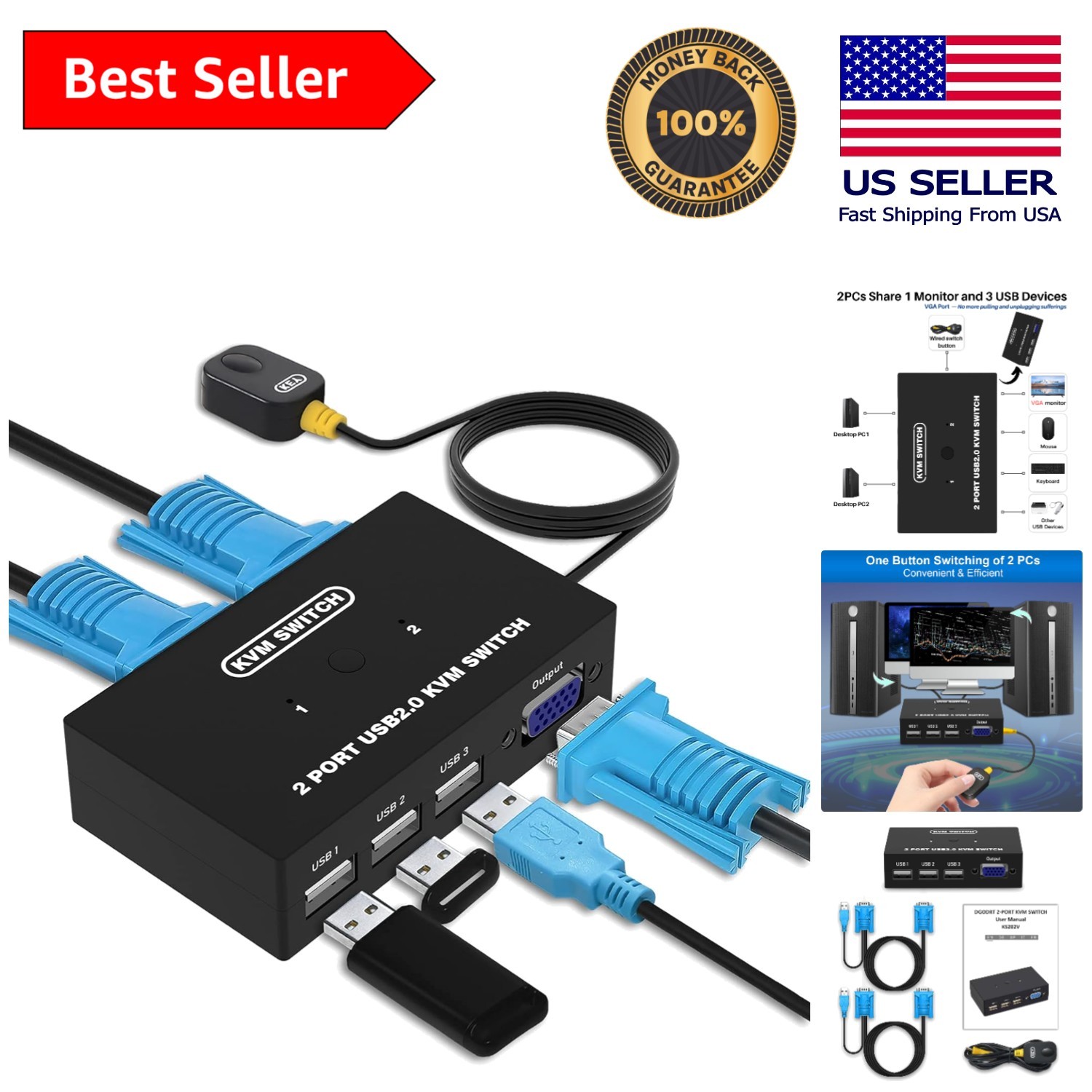 High Resolution USB VGA KVM Switch - Connect 2 PCs to 1 Monitor & Share USBs