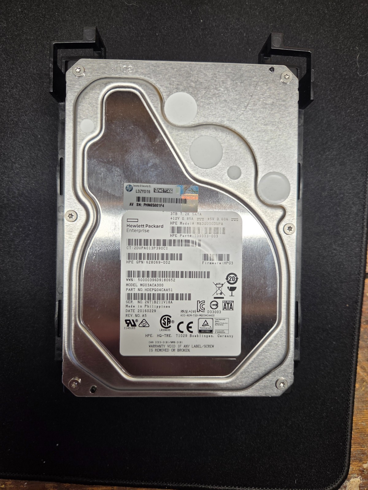 HPE 3TB SATA 3.5 LFF HDD MB3000GDUPA 7.2k 6Gbps - Tested - Excellent