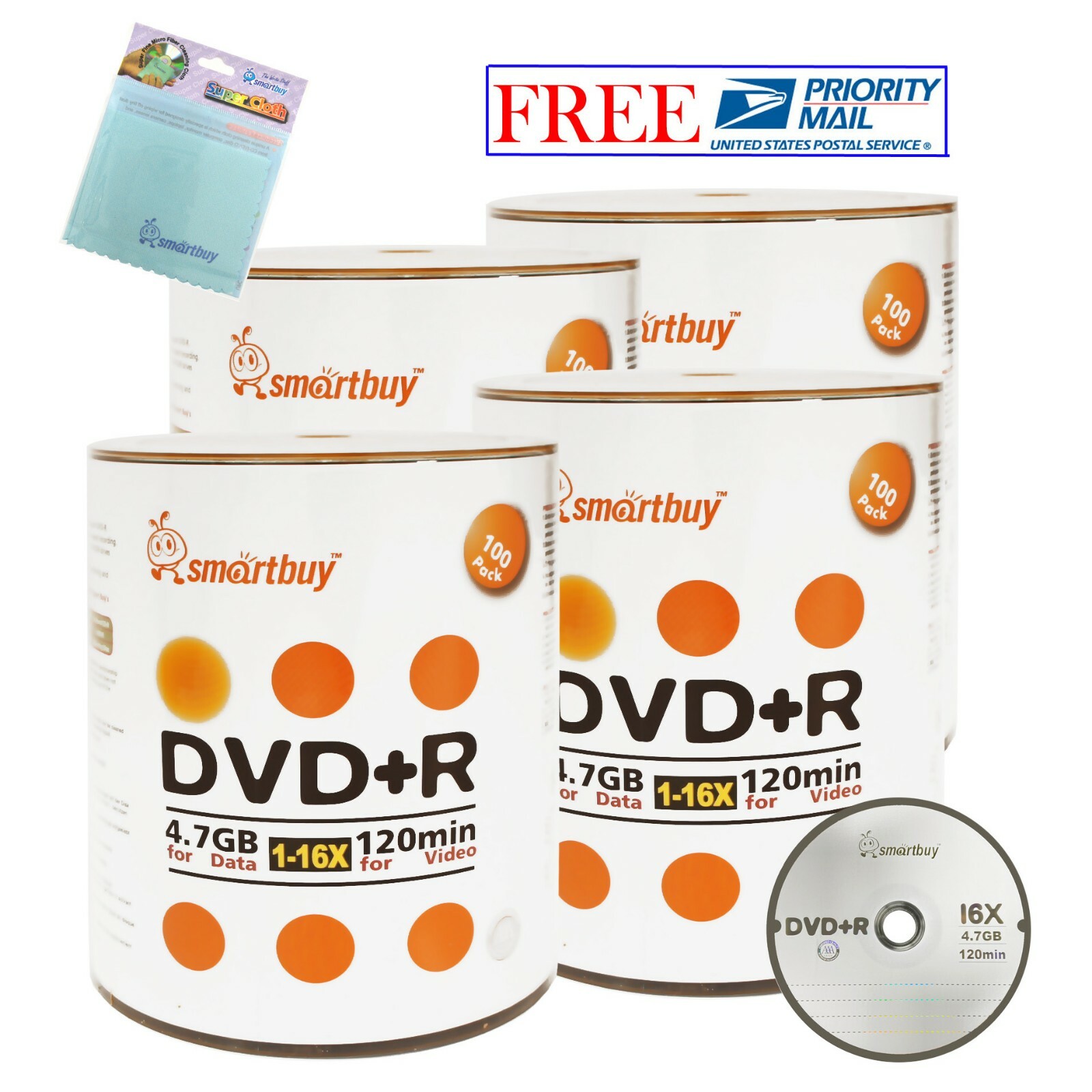 400 Pack Smartbuy 16X DVD+R 4.7GB Logo Top Blank Disc + FREE Micro Fiber Cloth