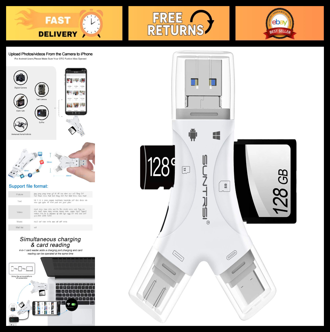 4-in-1 SD Card Reader for iPhone, Android, Mac & Camera - Portable Memory Adapte