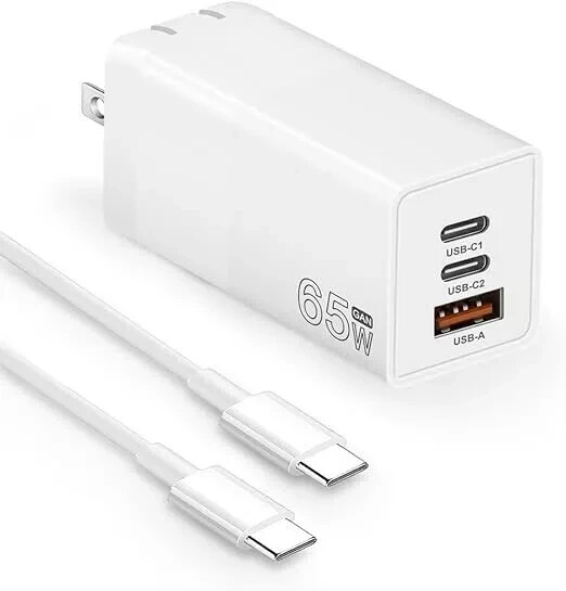 NEW 65W USB-C Wall Charger with Cable GaN 3 Port Fast Compact Foldable Adapter