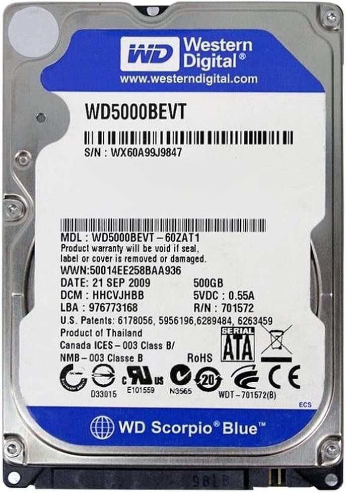 "WD BLUE SCORPIO WD5000BEVT 500GB 5400U/min SATA II 8MB 2.5"" HARD DRIVE" -