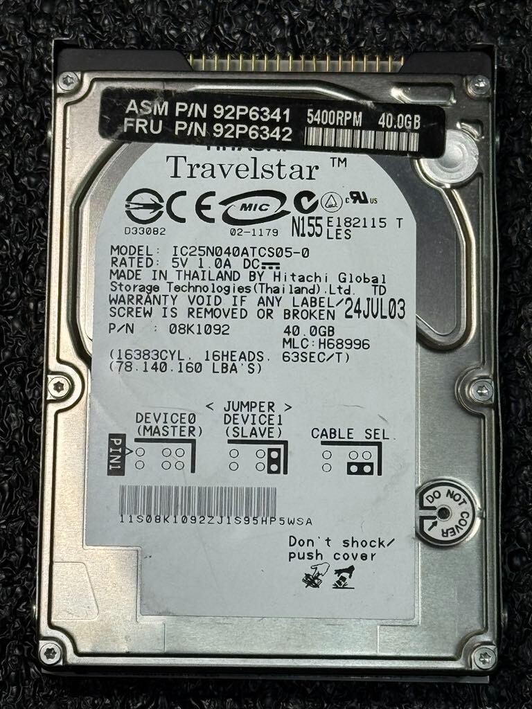 IBM 92P6342 IC25N040ATCS05-0 40GB 5.4K RPM  8MB Cache ATA-100 HDD 2.5"