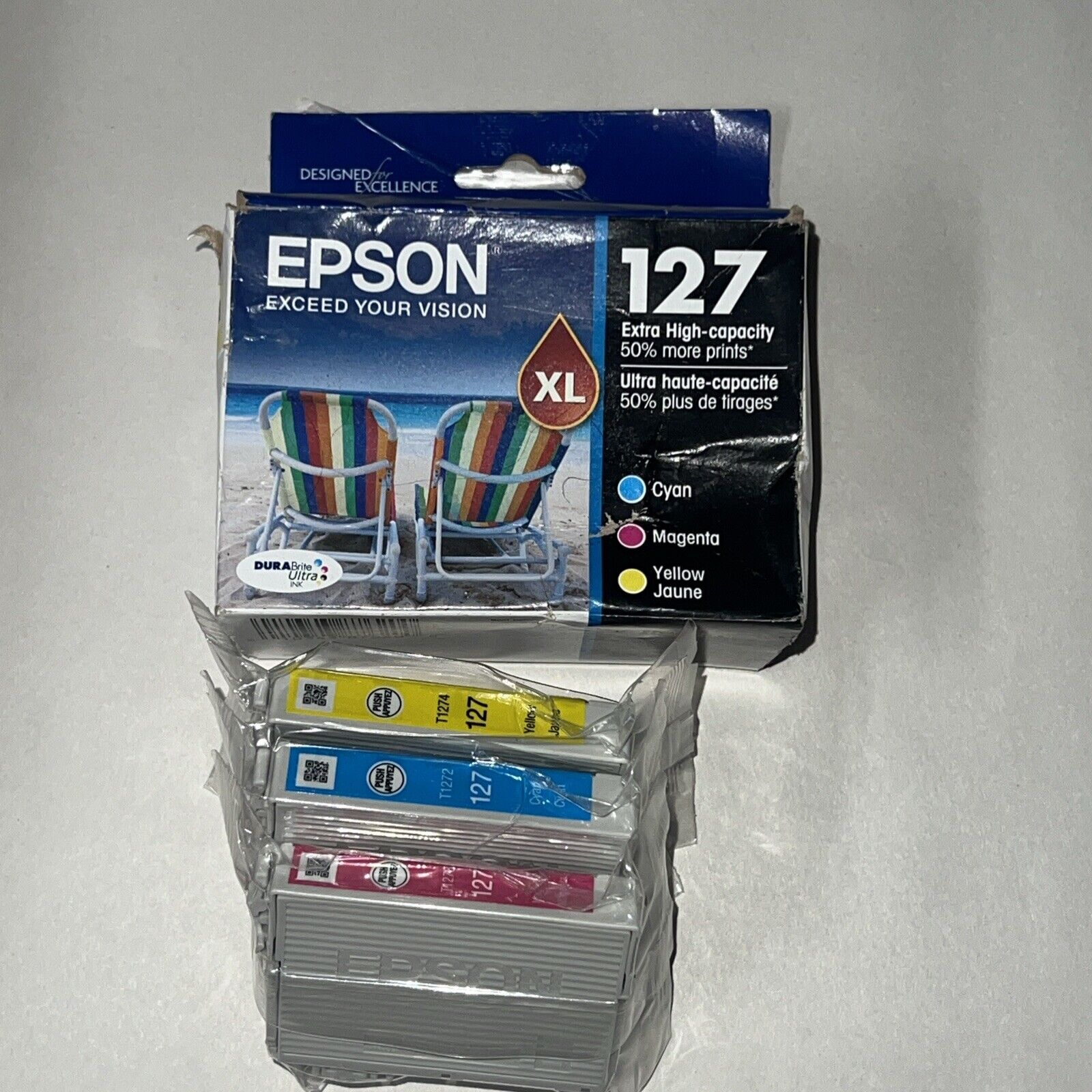 Epson 127XL Color Ink Cartridge Cyan Magenta Yellow T127520-S Exp 09/2023