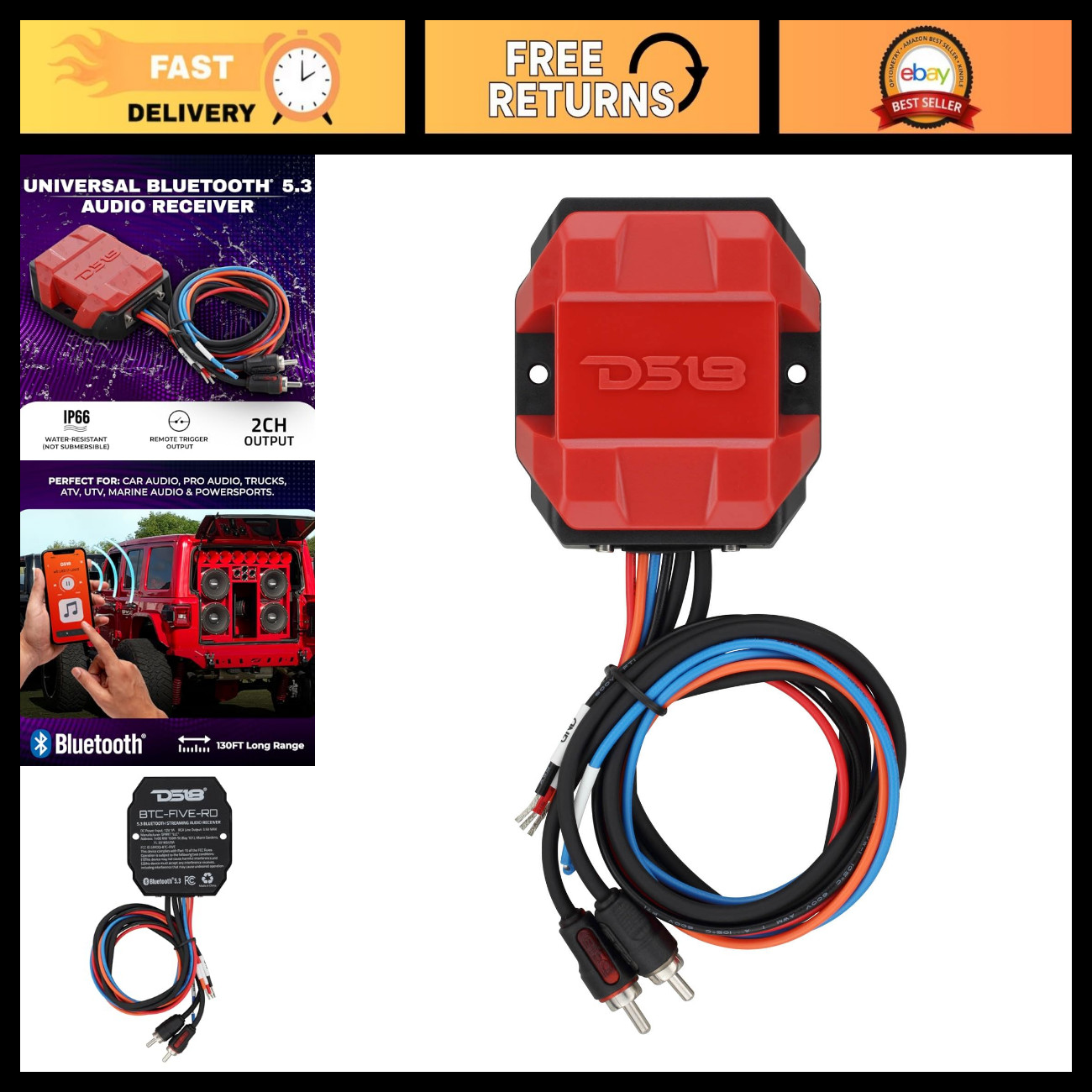 Bluetooth 5.3 Audio Receiver for Car, Marine & Powersports - Wireless RCA Adapte