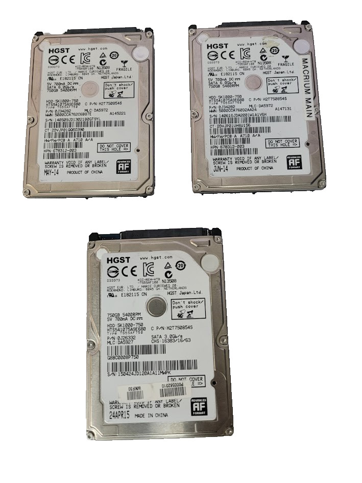 Lot of 3 HGST HITACHI HTS541075A9E680 Hard Drive 2.5" 750GB SATA
