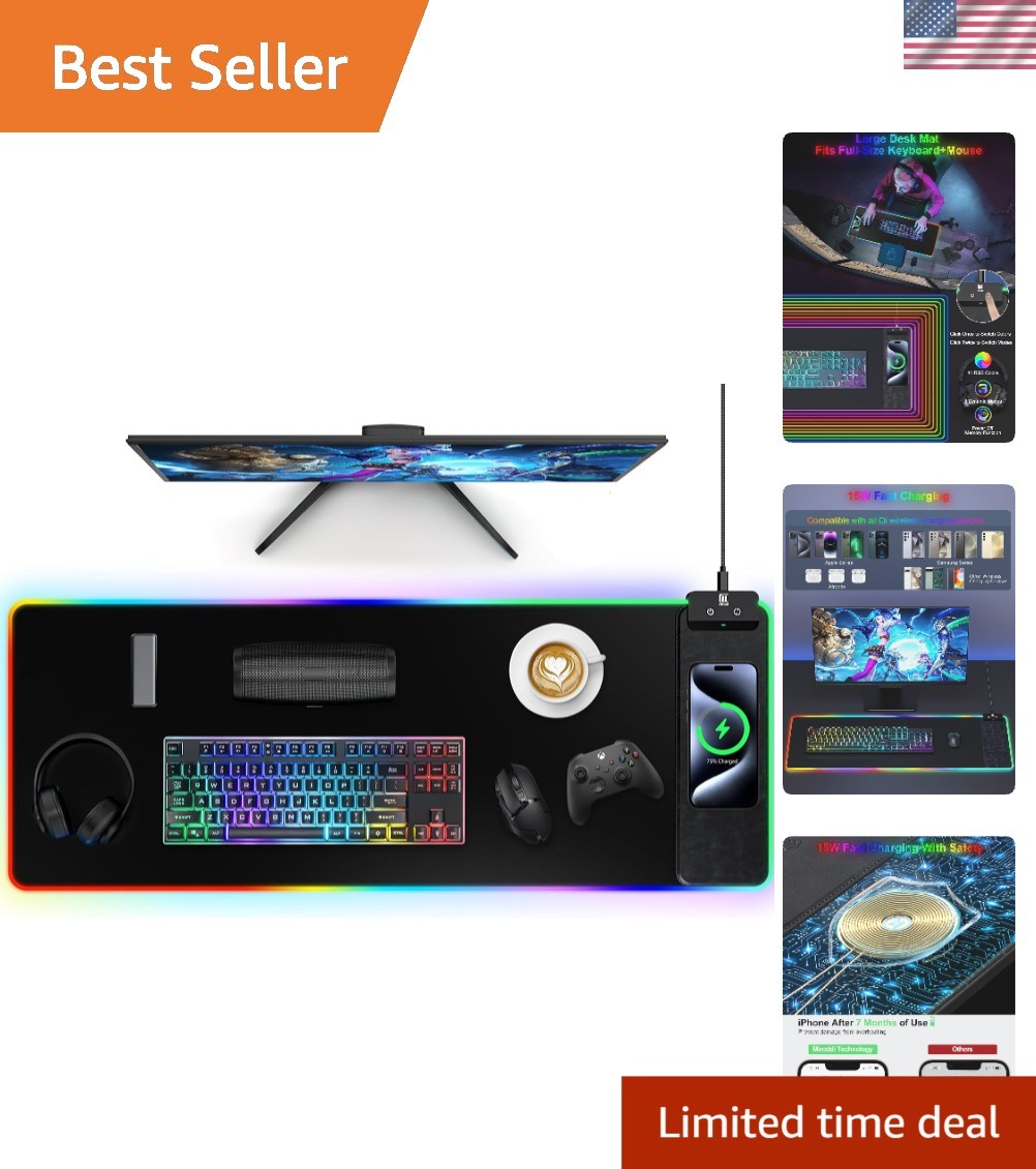Large RGB LED Wireless Charging Mouse Pad - Ultra-Smooth Waterproof Desk Mat