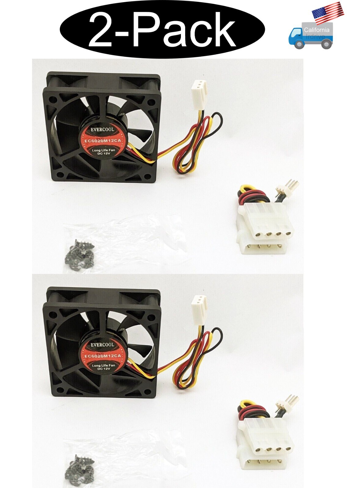 2pack: Evercool 60mm x 20mm 3/4pin 12VDC High Speed Ball Bearing Fan EC6020M12CA