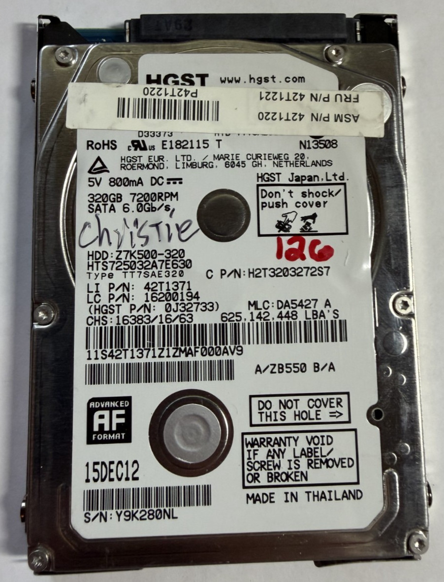 HGST Z7K500-320 320GB 2.5" SATA HDD 7200RPM HTS725032A7E630 - Tested/Erased
