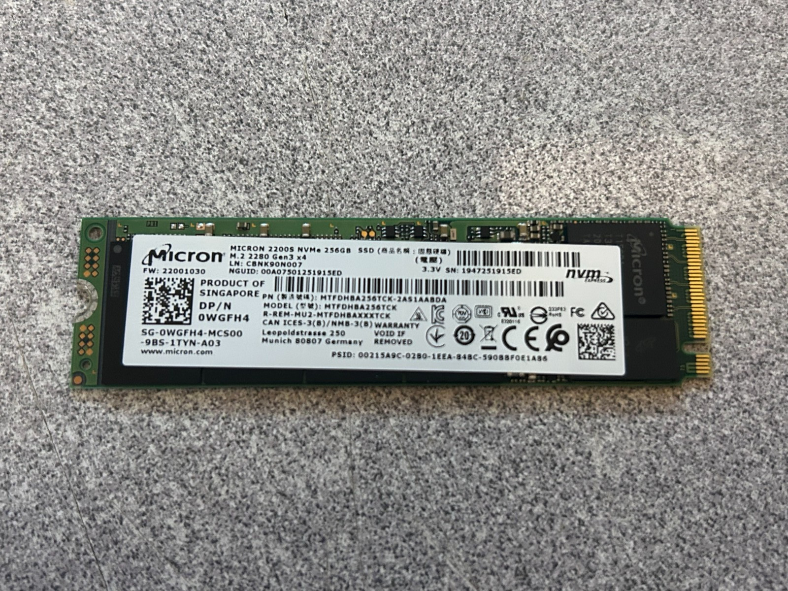 Micron Dell 256GB 2280 M.2 SSD WGFH4 Quick Ship