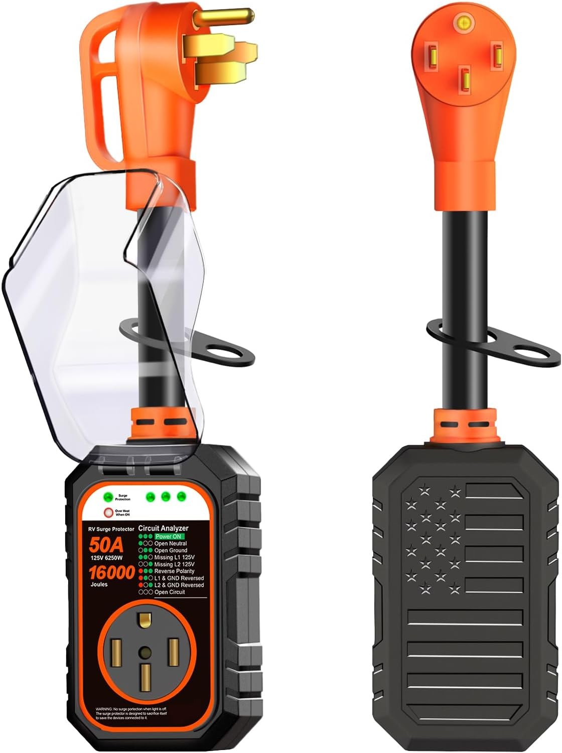 RV Surge Protector 50 Amp Flag Design - Upgraded 16000J Power Surges Voltage Pro