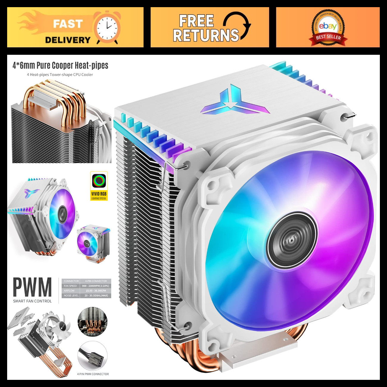 RGB CPU Air Cooler with 4 Heat Pipes, 126mm Fan, PWM Fans, AMD/Intel Compatible,