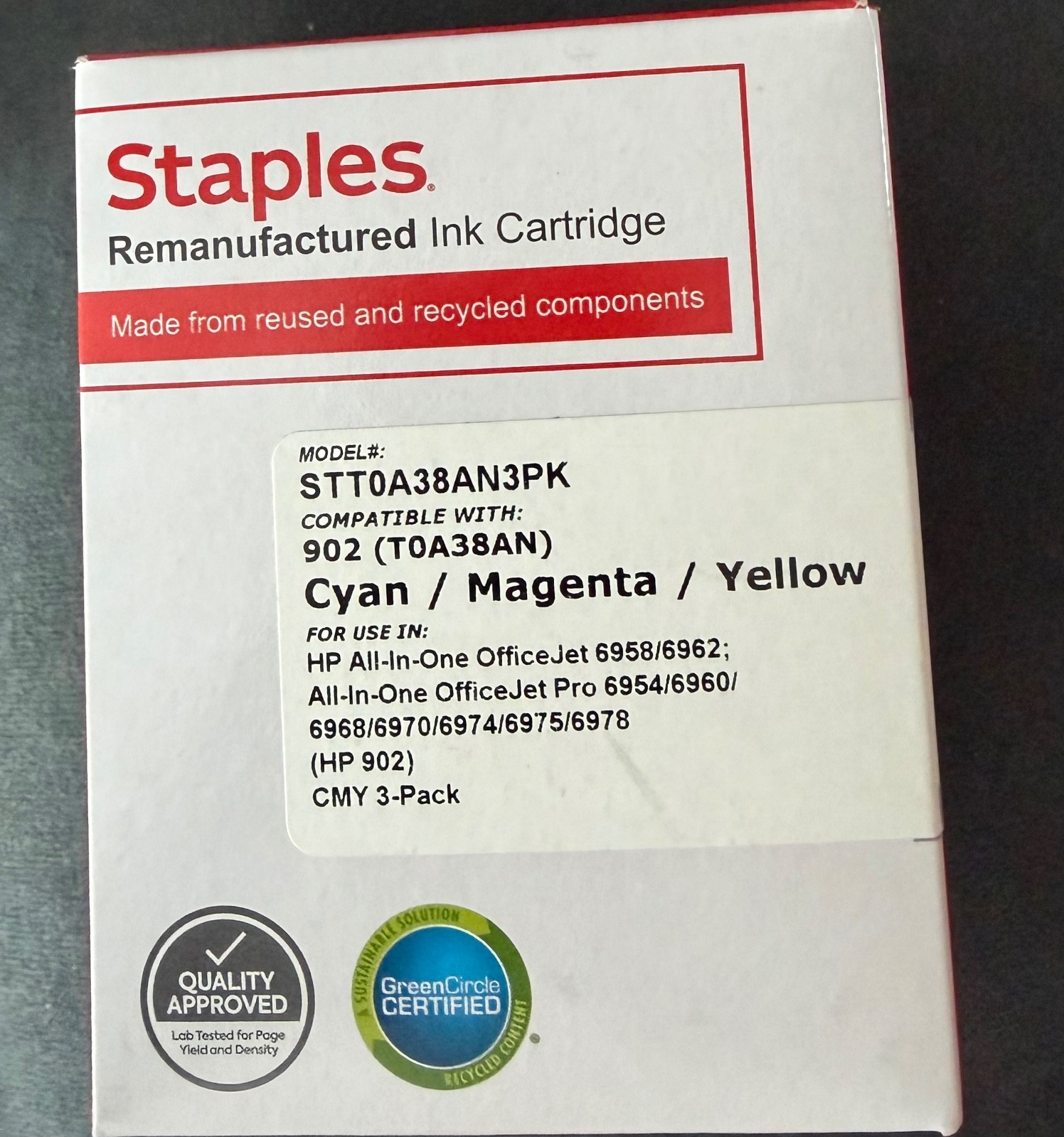 Staples Cyan/Magenta/Yellow Standard Yield Ink Cartridge Replacem