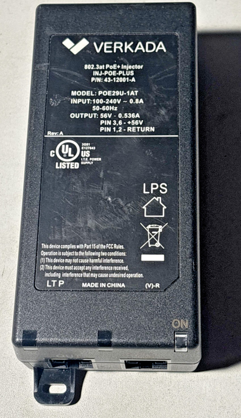 Verkada INJ-POE-PLUS 802-3aT PoE+  injector 43-12001-A POE29U-1AT