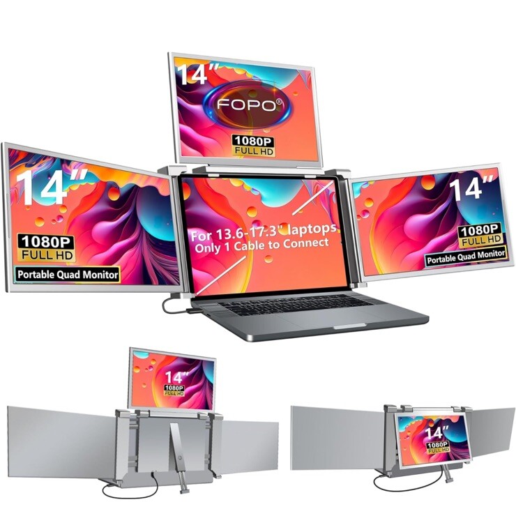 FOPO 14" Laptop Screen Extender Monitor Portable, Quad Monitor