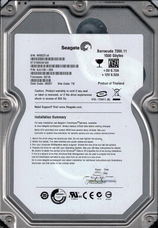 ST31500341AS P/N: 9JU138-259 F/W: SD1A TK Seagate 1.5TB