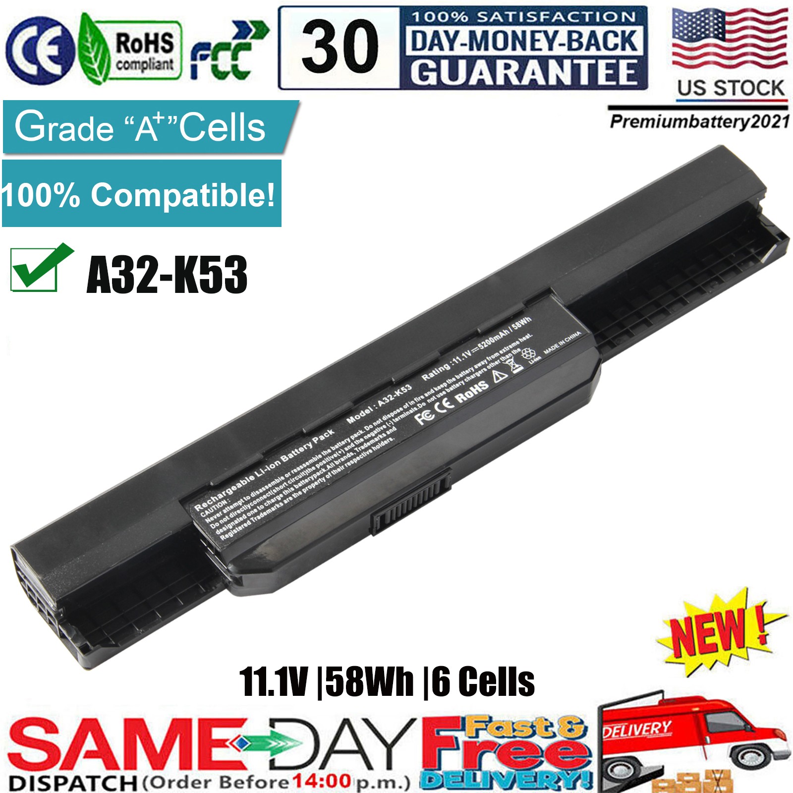 ✅NEW Laptop Battery A31-K53 A32-K53 A32-K53S A41-K53 A42-K53 K53 K53E X43B X43E