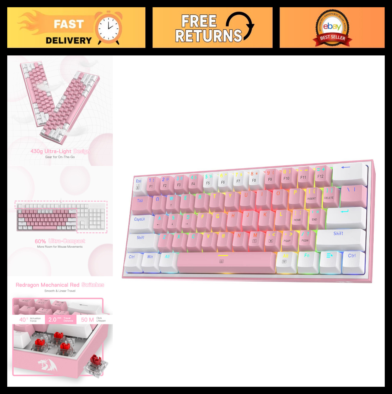 Compact 60% RGB Gaming Keyboard, 61 Keys Hot-Swap Mechanical, Pink & White Keyca