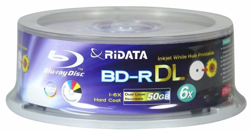 25 Pack Ridata Blu-ray BD-R DL Dual Layer 6X 50GB White Inkjet Printable Disc