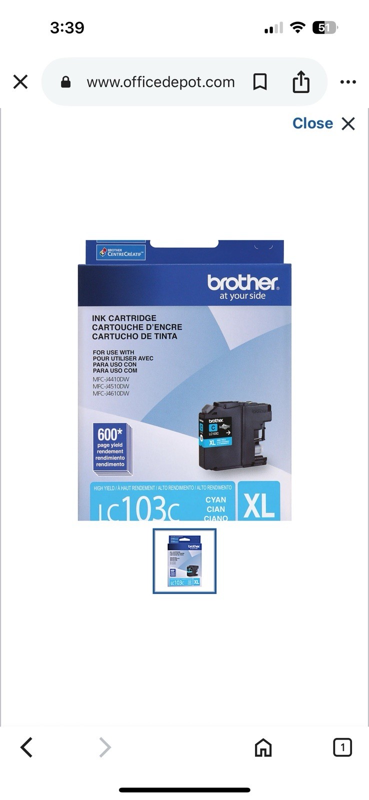 Genuine Brother LC103C  XL Cyan High Yield Ink Cartridge - NEW Sealed No Box