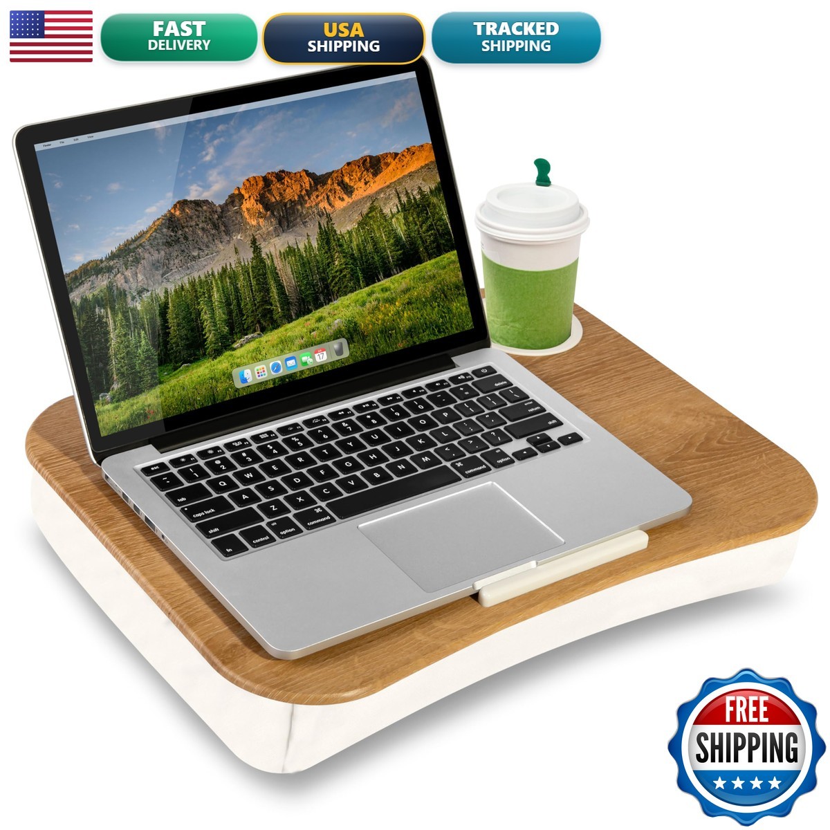 LAPGEAR Cup Holder Lap Desk White Oak Woodgrain Fits up to 14" Laptops 46329