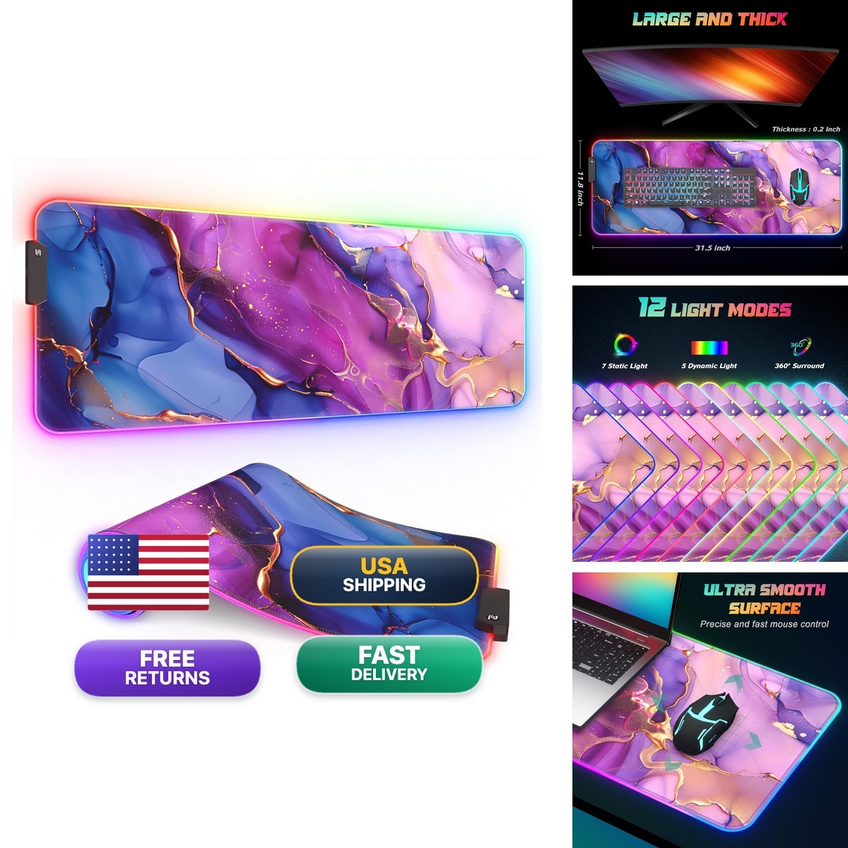 ITNRSIIET RGB Gaming Mouse Pad 32x12 inches Blue Purple Pink Marble