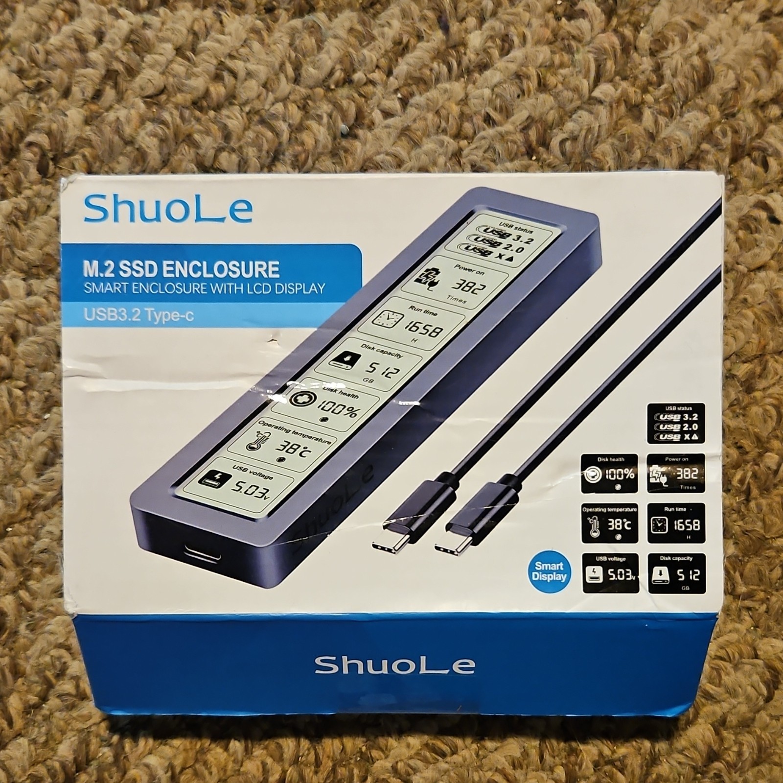 ShuoLe TP26-P-10G M.2 SSD Enclosure LCD Display USB 3.2 Type-C Aluminum Black