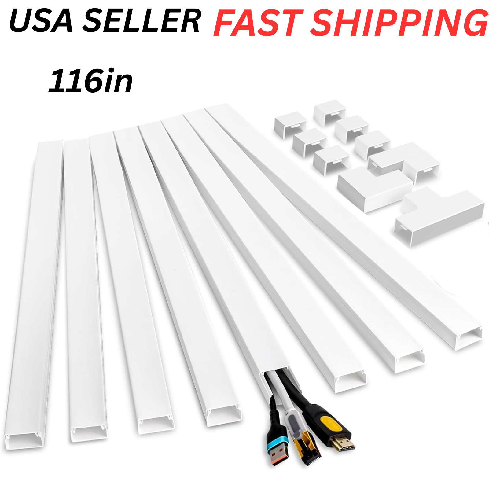 116in Cord Hider Kit Cord Covers for Wires on Wall Paintable Cable Raceway White