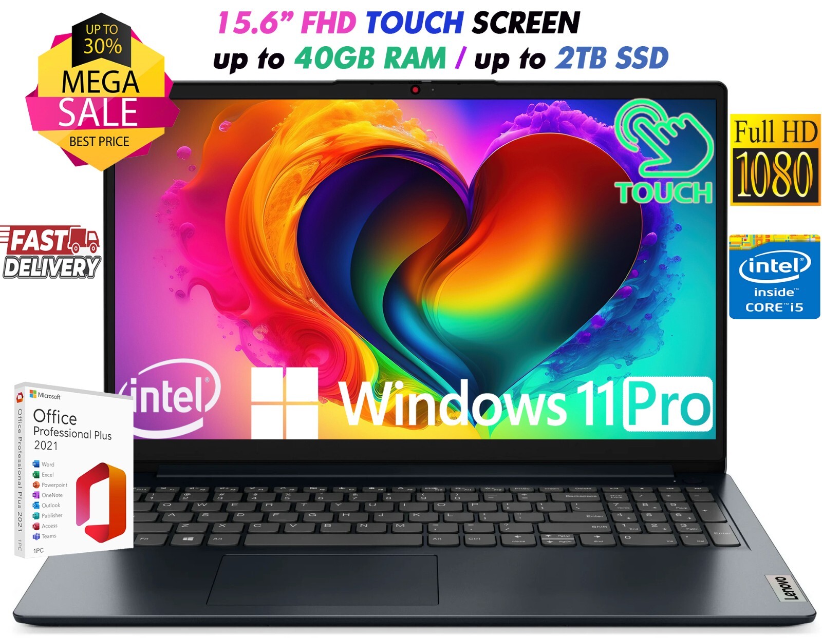 Lenovo Laptop 15.6" TOUCH Intel i5-1235U Upto 40GB RAM &2TB SSD Win11 Pro+OFFICE