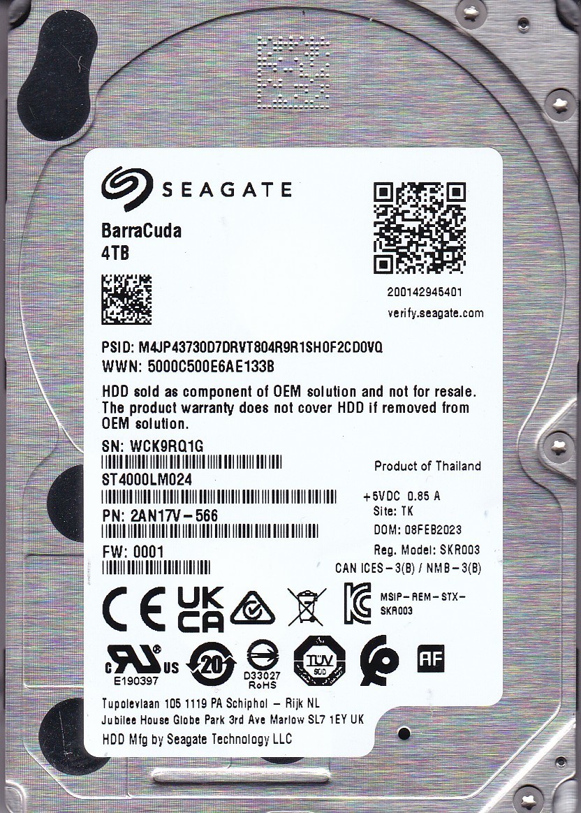 ST4000LM024 p/n: 2AN17V-566 f/w: 0001 s/n: WCK9 FEB 2023 TK 4TB SATA 2.5 SEAGATE