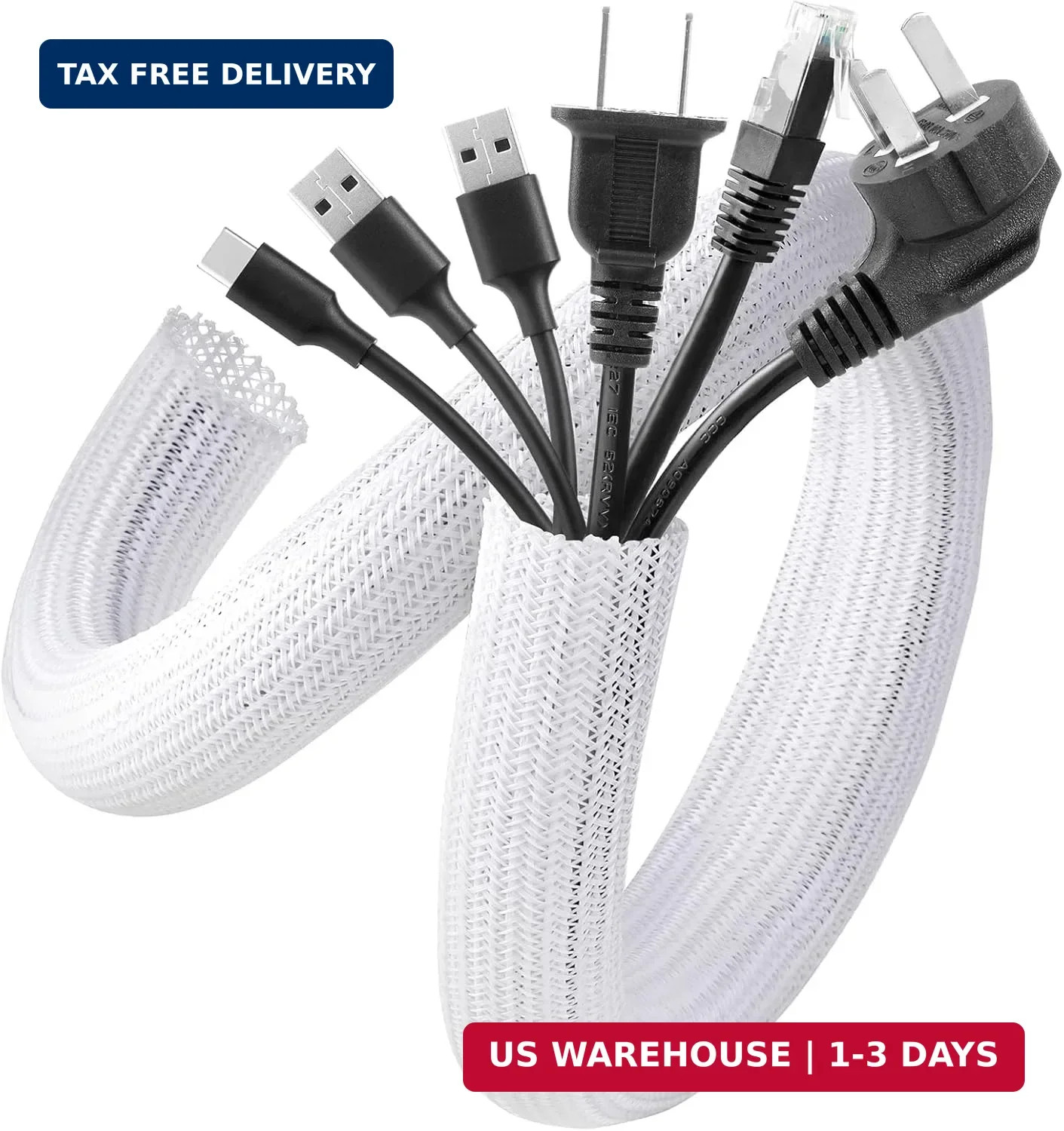 AGPTEK White Cable Sleeve, 2 Pack 5ft - 1.2 Inch Cable Management, Desk Cord Cov