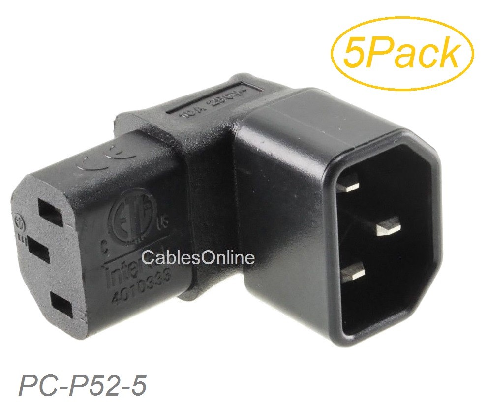 5-Pack Right-Angle Down IEC 320 C14 Male to IEC 320 C13 Female Power Adapters