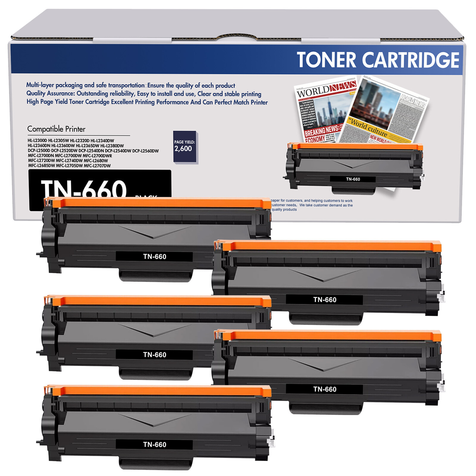 5x High Yield TN660 Black Toner Cartridge For Brother MFC-L2685DW MFC-L2700DW
