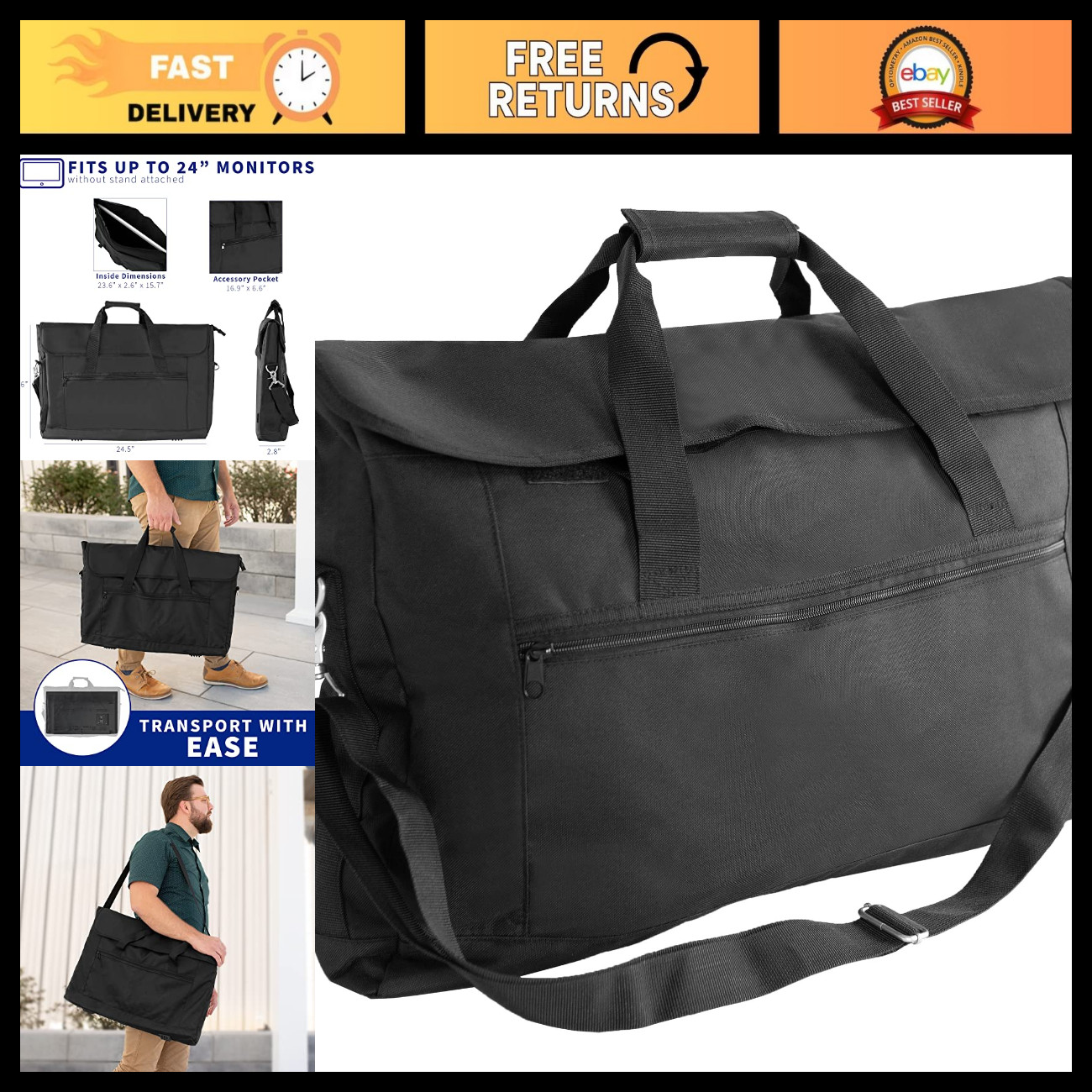 Portable Monitor Carrying Case for 24" Screens, Water Resistant, Padded Strap, A