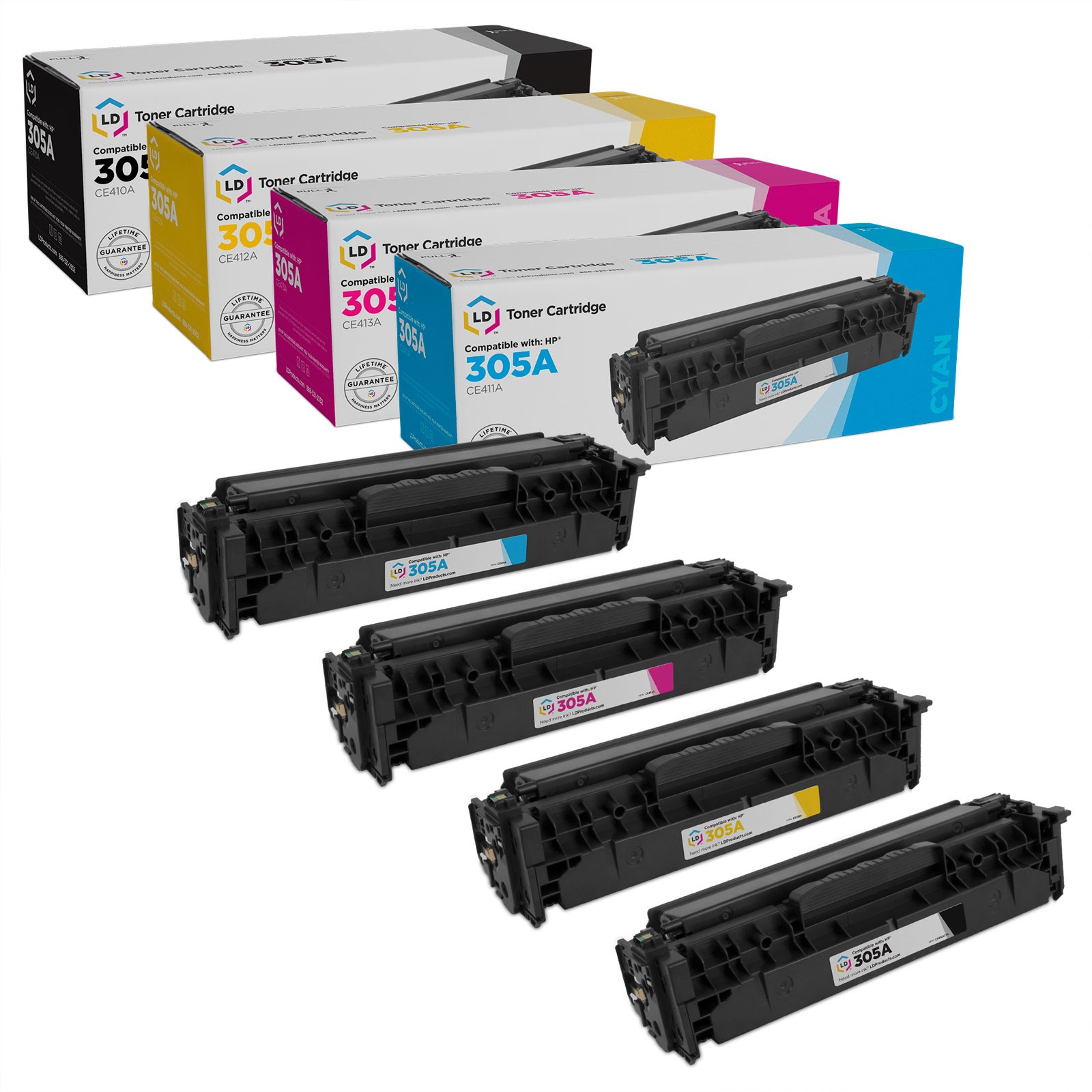 LD Toner Replacements for HP 305A (Black, Cyan, Magenta, Yellow)
